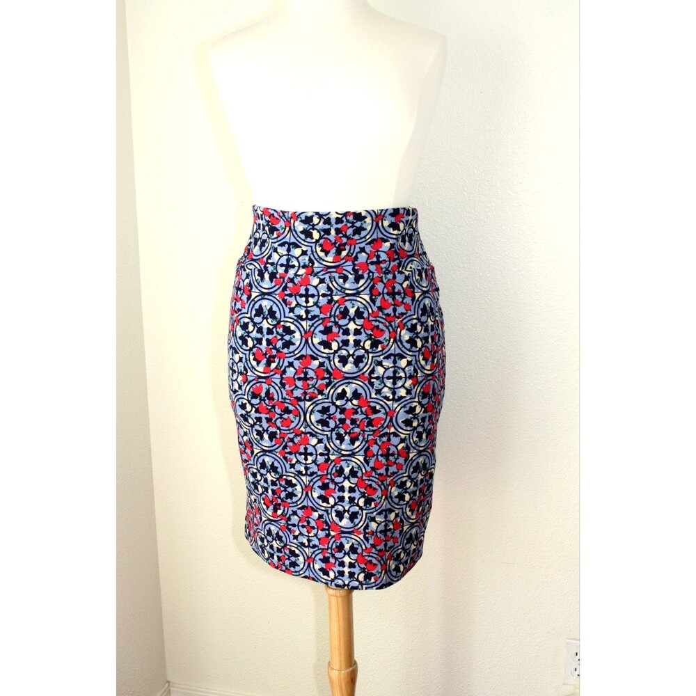 LuLaRoe Pencil Knit Skirt CASSIE Plus Sz. 2XL Blue Red Green Tribal Floral #02